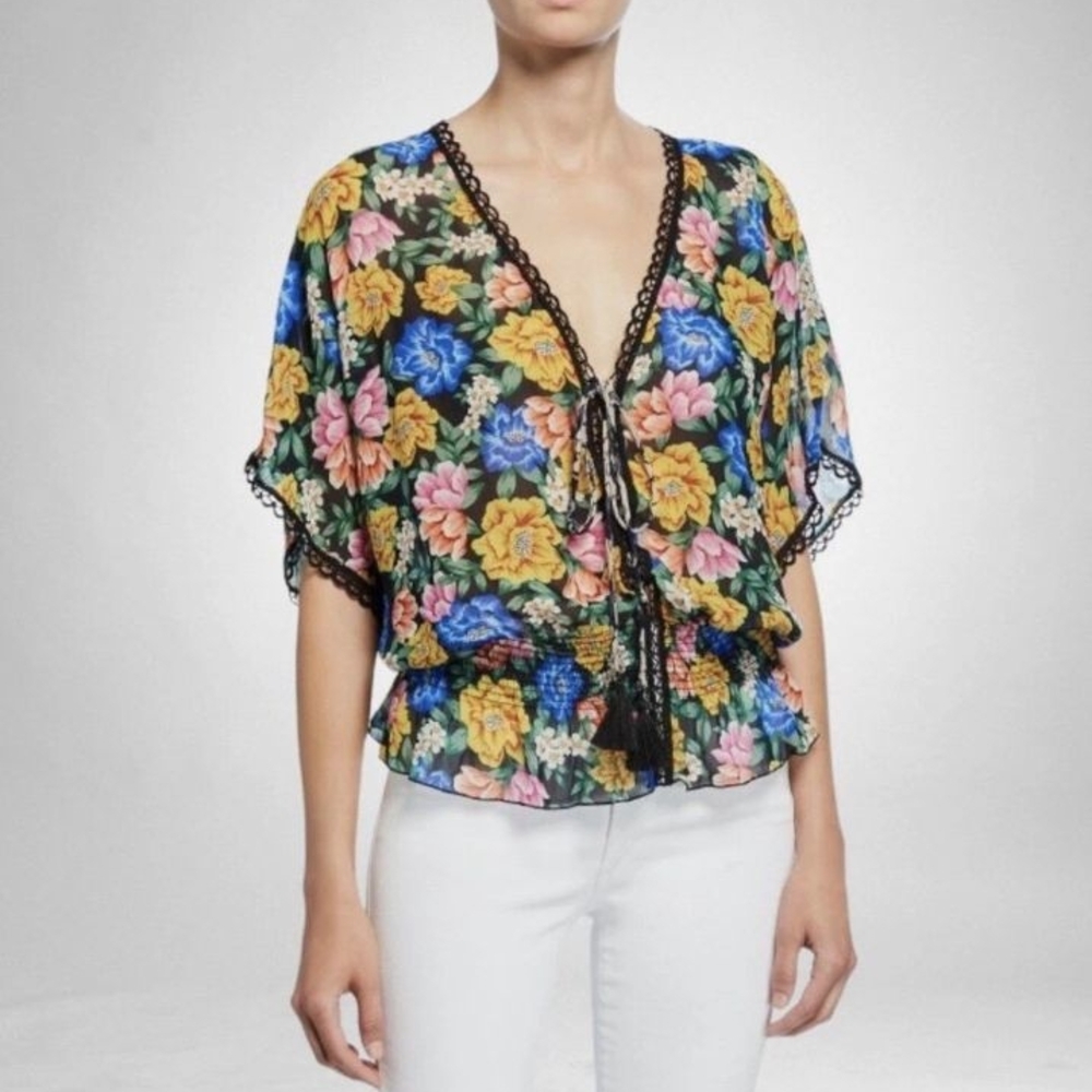 Jade Johnny Was V-Neck Black Floral Blouse with Lace Detail Size S 100% Rayon